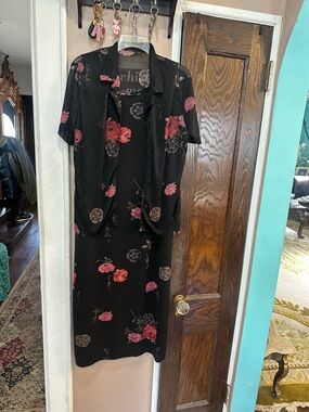 Black Floral Midi Dress with Coordinating Short Jacket - Black/Pink Floral